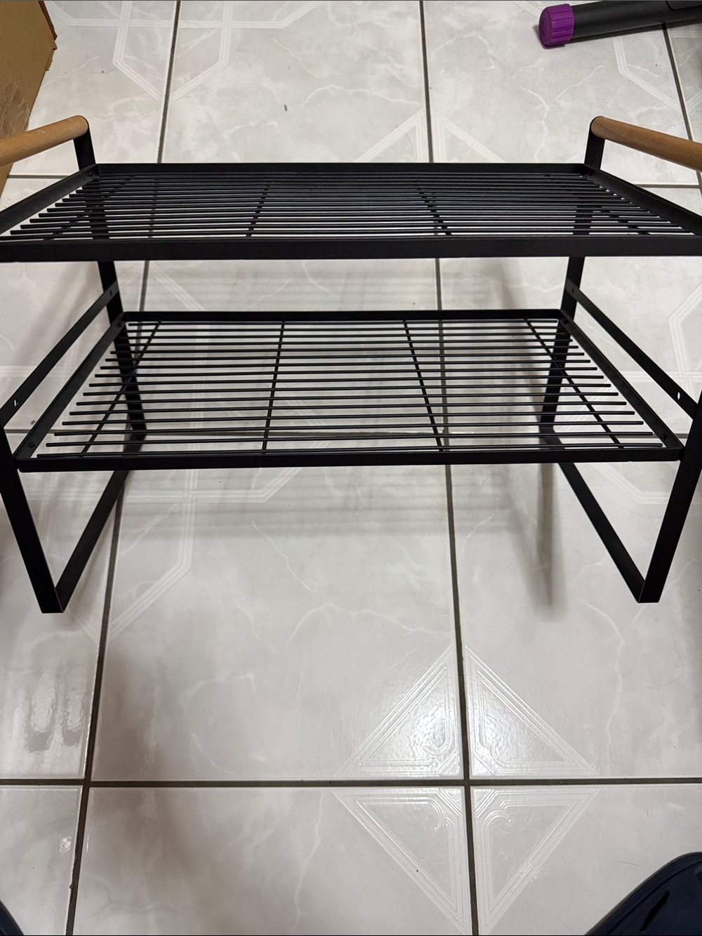 Two-Tier Black Metal Shelf with Wooden Side Handles